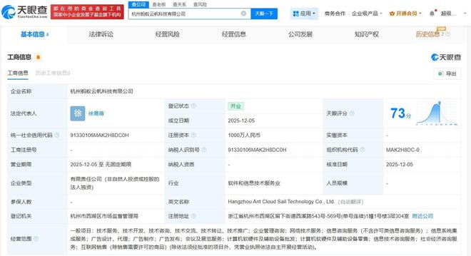 螞蟻集團在杭州成立云帆科技公司，注冊資本1000萬元聚焦計算機軟硬件批發